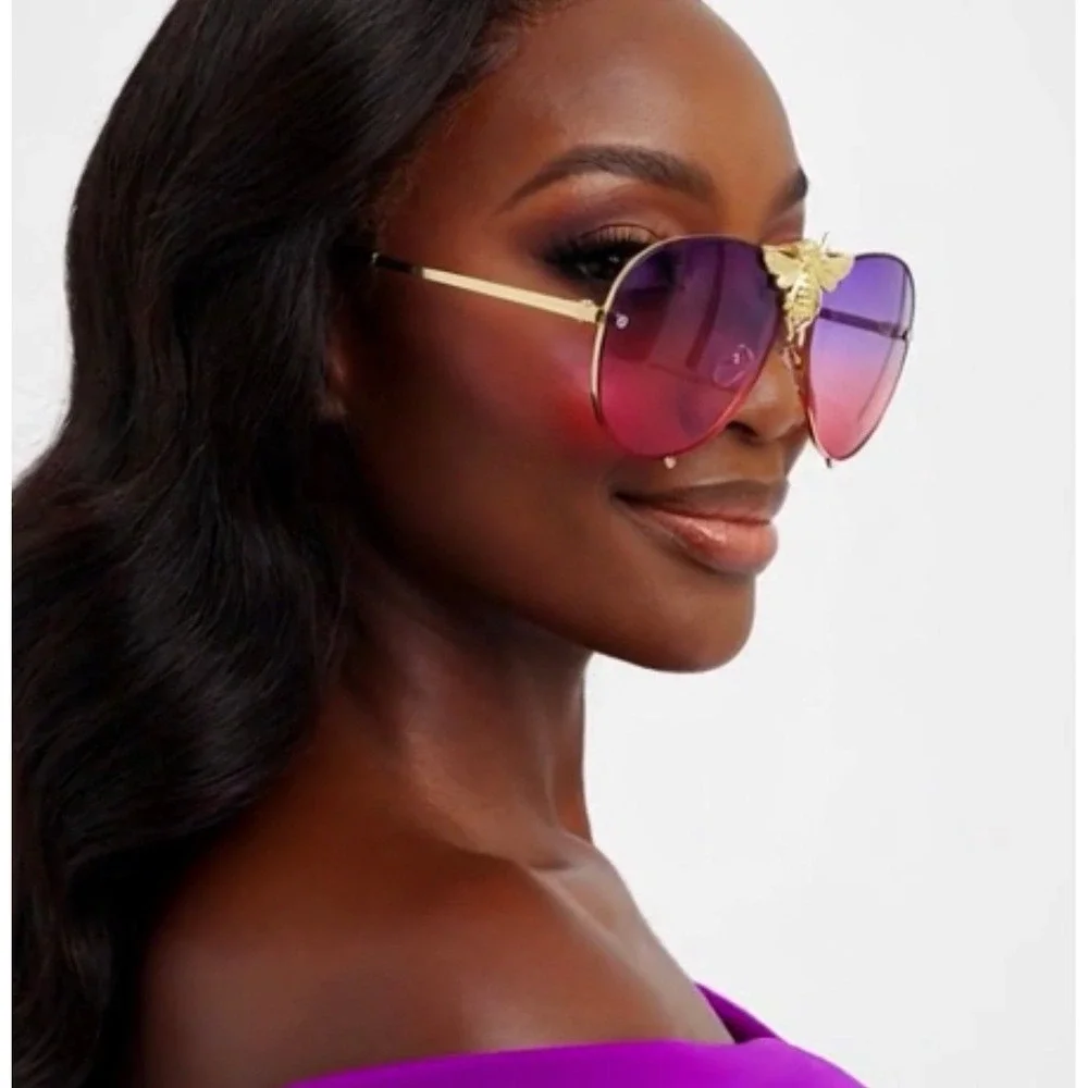 Women Sunglasses Bee Accents Fashion Purple Pink‎ Lens Gold Trendy Designer New